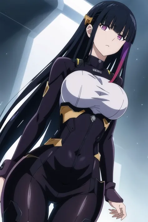 masterpiece, best quality, extremely detailed, anime art style, 1girl, mature female, solo, (huge breasts:1.2), ((purple hair, very long hair, purple eyes, wolf ears, wolf tail)), parted lips, (((purple plugsuit, mechanical arms, mechanical legs))), ((blush, angry), closed mouth), ((arms behind head, classroom))
