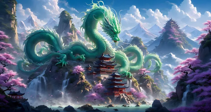 In front of them was a towering mountain,surging purple qi,and surging auspicious light. At a glance,one could tell that it was a rare pure land in the human world. That hill rises like thousands of authentic rules,
Inside the mountain gate,it was extremely holy. On top of the huge mountains,there were jade towers,divine waterfalls falling,immortal light rising,auspicious qi lingering,it was amazing. Those mountains are even more fragrant with holy medicine and colorful,
There was also a huge lake where ancient divine dragons were raised. They were regarded as ornamental fish insects,and they occasionally spat water and electric light,<lora:SDXL_Sacred_beast:0.5>,<lora:jade:0.3>,Emerald Dragon,jade,jade sculpture,
