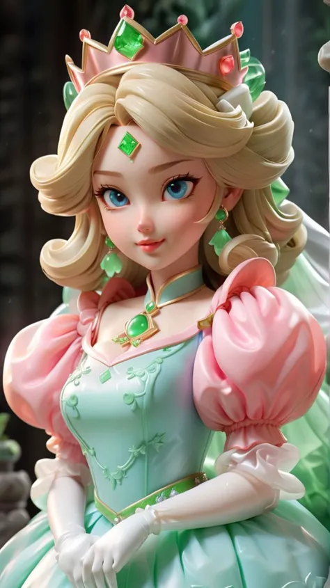 (masterpiece:1.1),(best quality:1.1),1girl,jade sculpture of princess peach,blonde hair,blue eyes,long hair,crown,dress,gem,gloves,pink dress,puffy short sleeves,puffy sleeves,short sleeves,white gloves,evil smile,glossy lips,glossy skin,blushing,<lora:jade:1>,(jade:1.1),