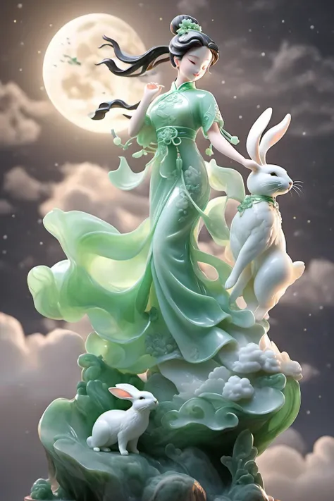 jade Sculptureï¼jade, realisticï¼1 girl, Holding a rabbit in her arms ï¼pure skin, cheongsam, cinematic light, full moon, cloud, night, moon light, star <lora:jade:0.7>