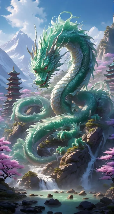 logo,masterpiece,(on a white background:1),green chinese dragon surrounded by white clouds,pink sakura trees,petals,wind,god,long wavy body,fangs,fantasy, mythical, high quality, highly detailed, masterpiece, epic,particles effect,dynamic effect,sun in the background