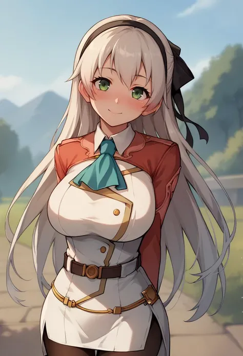 score_9, score_8_up, score_7_up, score_6_up, source_anime BREAK 1girl, <lora:elie-pdxl-nvwls-v1-000006:1> zeroElie, black hairband, hair ribbon, long hair, ascot, uniform, long red sleeves, white dress, pencil skirt, belt, pantyhose, standing, arms behind back, smile, blush, head tilt, looking at viewer, outdoors, fantasy, large breasts, wide hips