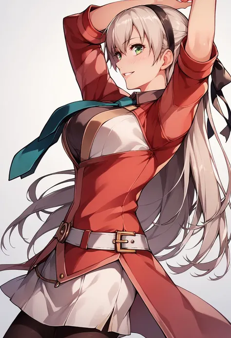 score_9, score_8_up, score_7_up, score_6_up, source_anime BREAK 1girl, <lora:elie-pdxl-nvwls-v1-000006:1> cs4elie, hairband, hair ribbon, green necktie, red coat, belt, white skirt, pantyhose, from side, looking at viewer, arms up, smile, blush, parted lips