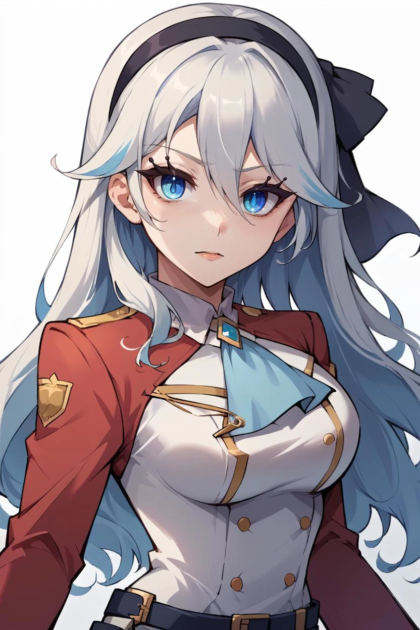 score_9, score_8_up, source_anime, 1girl, solo, BREAK <lora:FurinaEyes_PDXL:1> heterochromia, blue eyes, light blue eyes <lora:elie-pdxl-nvwls-v1:0.8> zeroElie, black hairband, hair ribbon, long hair, ascot, uniform, long red sleeves, white dress, pencil skirt, belt, black pantyhose, upper body, portrait, looking at viewer, simple background