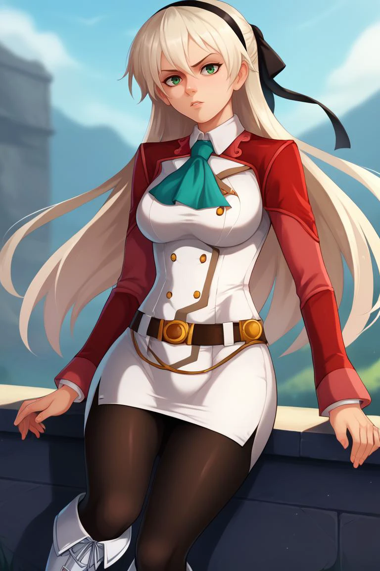 score_9, score_8_up, score_7_up, BREAK, 1girl, solo, breasts, <lora:elie-pdxl-nvwls-v1:0.95> zeroElie, black hairband, hair ribbon, long hair, ascot, uniform, long red sleeves, white dress, pencil skirt, belt, black pantyhose, white boots, <lora:shadmanPONYXL-guy-v1:0.95> shadman, outdoors, looking at viewer,