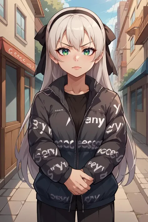 score_9, score_8_up, source_anime, 1girl, solo, BREAK <lora:elie-pdxl-nvwls-v1:0.8> rndElie, black hairband, hair ribbon, long hair, <lora:attire_dripjacket_ponyXL:1> dripjacket, own hands together, alleyway, looking at viewer, cityscape
