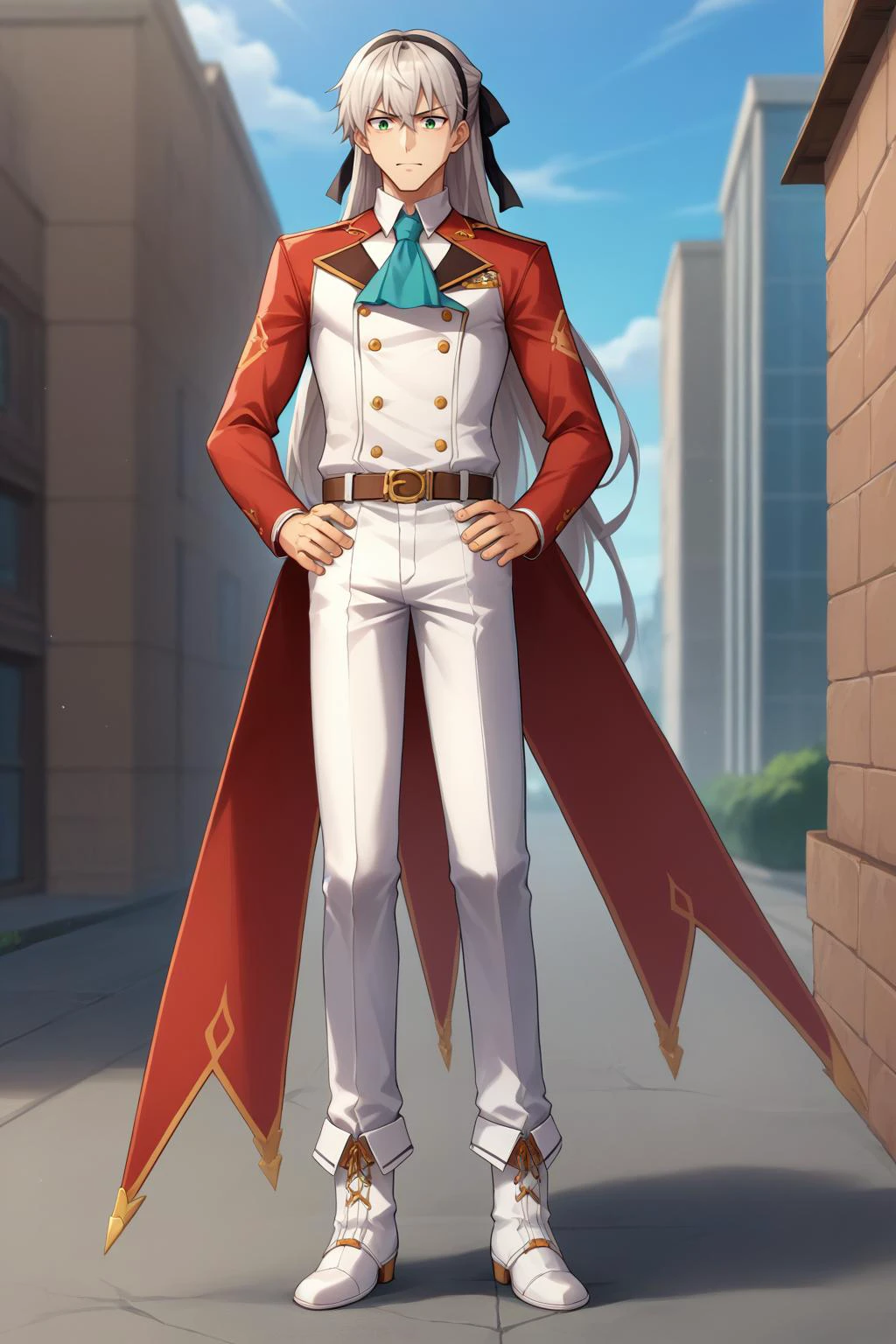 vivid colors, high contrast, source_anime, score_9, score_8_up, male focus, 1boy, solo, <lora:elie-pdxl-nvwls-v1:0.9> zeroElie, black hairband, hair ribbon, long hair, ascot, uniform, long red sleeves, white shirt, white pants, belt, black pantyhose, white boots, up, 3/4 view, hands on hips, ruined city background