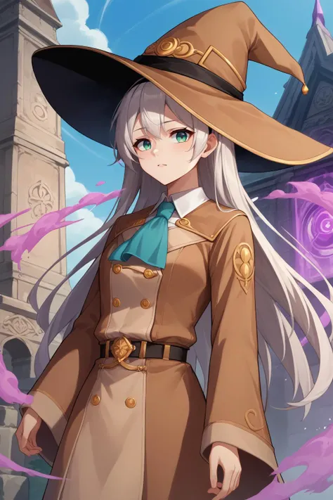 vivid colors, high contrast, source_anime, score_9, score_8_up, 1girl, solo, <lora:elie-pdxl-nvwls-v1:1> zeroElie, black hairband, hair ribbon, long hair, ascot, brown robe, wizard hat, aura of light, temple background