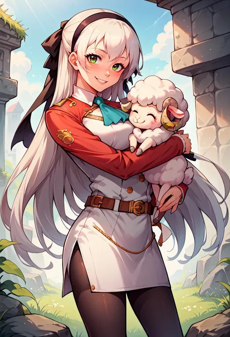 score_9, score_8_up, score_7_up, 1girl, solo, zeroElie, black hairband, hair ribbon, long hair, ascot, uniform, long red sleeves, white dress, pencil skirt, belt, black pantyhose, white boots, hug, holding sheep, smile, blush, standing, looking at viewer, <lora:elie-pdxl-nvwls-v1:1>