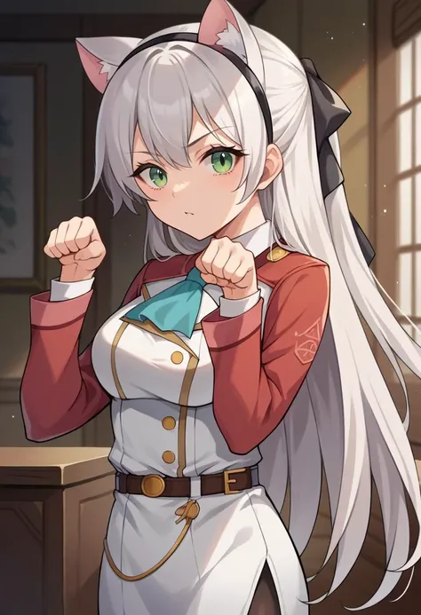 masterpiece, best quality, <lora:elie-nvwls-v2-zero:0.8> elie macdowell, green eyes, hairband, blue ascot, hair ribbon, long sleeves, belt <lora:BongoCatMemeLoRA:1> IncrsBongoCatP1, hands up, chibi, arms up