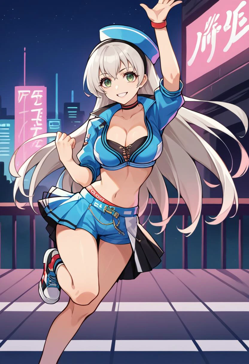 score_9, score_6_up, source_anime, 1girl, solo, full body, zeroElie, raceElie, hairband, choker, blue hat, blue jacket, cropped jacket, cleavage, midriff, blue shorts, pleated skirt, dynamic pose, on one leg, raised arm, smile, city lights, night <lora:elie-pdxl-nvwls-v1:1>