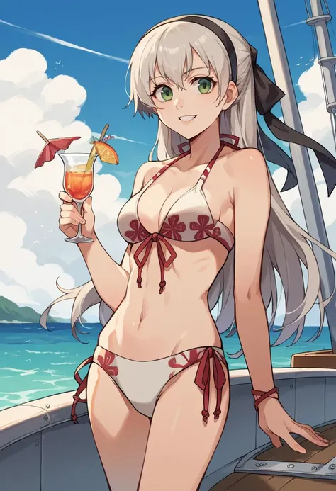 score_9, score_8_up, source_anime, 1girl cowboy shot, holding cocktail glass, swimElie, hairband, hair ribbon, front-tie bikini, floral print, side-tie bikini bottom, smile, boat, cruise ship, ocean <lora:elie-pdxl-nvwls-v1:1>