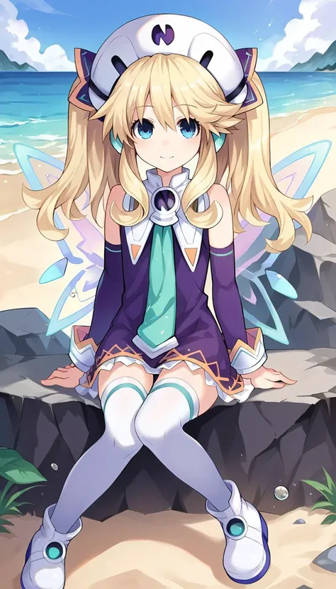 score_9, score_8_up, score_7_up, score_6_up, score_5_up, source_anime, 1girl, solo, blonde hair, blue eyes, long hair, twintails, smile, closed mouth, short dress, hat, necktie, thighhighs, white legwear, fairy wings, footwear, boots, detached sleeves, sitting, outdoors, sunny, sky, beach, looking at viewer, cowboy,  <lora:Histoire_Neptunia_PonyXL:0.8>, Histoire \(neptunia)\,