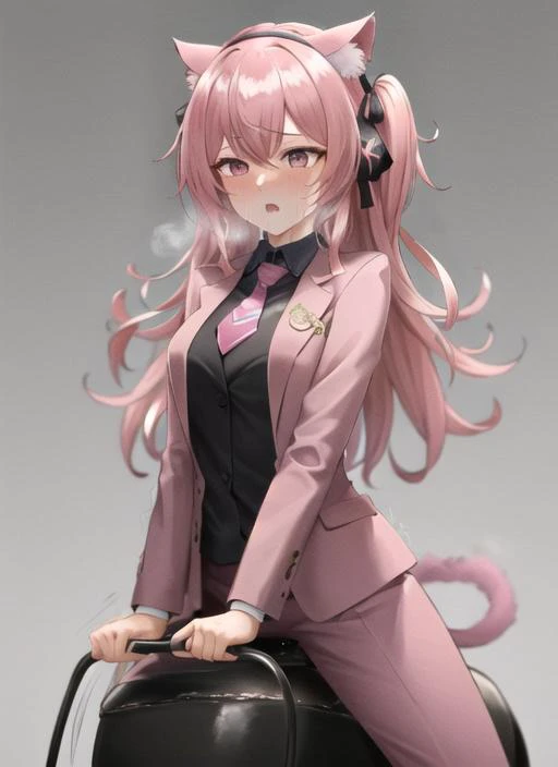 ((best quality)), ((highly detailed)), masterpiece, ((official art)), (detailed eyes, deep eyes), (1girl), <lora:ConceptRidingMachine_v10:1>, riding machine, sweat, tears, trembling, heavy breathing, steaming body, saliva, vibrating, (panther girl), panther ears, panther tail, (pink hair), pink eyes, pink tail, pink ears, ((pink colored business suit)), ((pink colored suit jacket)), pink pinstripe pants, pink neck tie