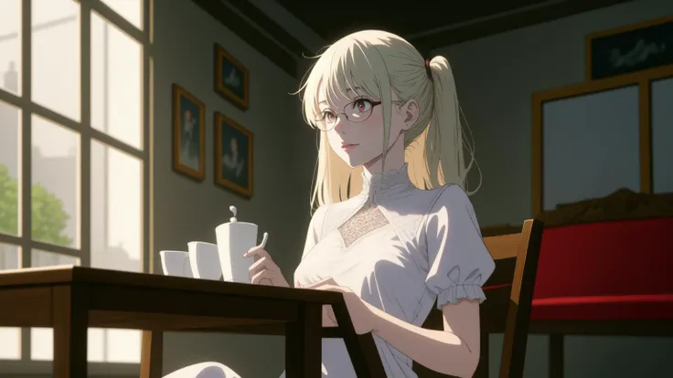 Dynamic posing, dynamic angle, Arrange pose,Top quality work,Show Legs,((short wavy Creamy Golden Blonde hair)),(Creamy Blonde hair),(short hair),(wavy hair),(golden eyes), ( 16 years old), lovely red lips, Rose cheeks, Pretty Face, A perfectly proportioned face white stockings, full-body view, amazing, Large round chest、Beautiful eye details、Beautiful eyelashes、beautiful double eyelid, with blush cheeks, Thin frame glasses、Thinking Face、(Open button shirt、Wearing medium breasts with cleavage)、sitting down、study、rest、Lying on the table、Holding a pencil、Open Books、book、Table lamps、break、the in living room、Wall decoration、 Mini Library、Glass window、Wall clock、Movie Light、photo-realistic、maximum quality、 Complex CG、High-definition face、High Precision Eyes、Ultra-fine face、Ultra Fine Lips、Ultra-fine eyes、Double eyelidd、super-detail