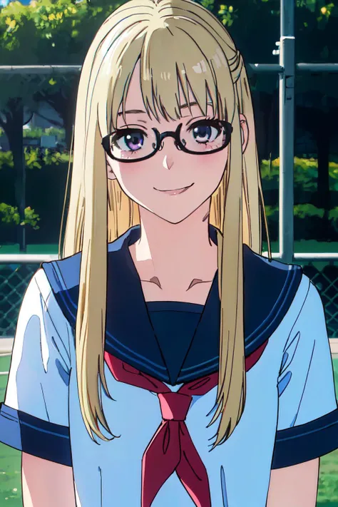 <lora:kotonesasakitest:0.8>kotone sasaki, blonde hair,long hair,glasses,
serafuku,school uniform,
(best quality, masterpiece, RAW photo,ultra-detailed:1.2), <lyco:GoodHands-beta2:1.0>,1girl,solo,looking at viewer,smile