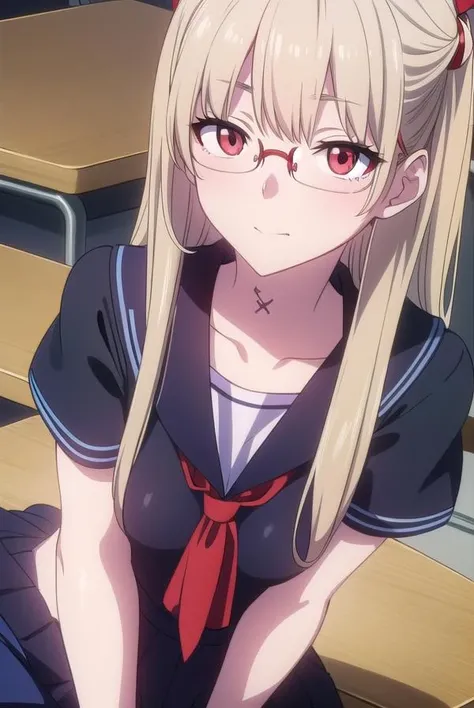 kotonesasaki, <lora:kotonesasakitest:0.8>,
kotone sasaki, long hair, (red eyes:1.5), glasses, blonde hair, hair pin, (small breast:1.2),
BREAK sailor uniform, serafuku, blue sailor collar, short sleeves, skirt, blue skirt, school uniform,
BREAK looking at viewer,
BREAK indoors, classroom,
BREAK <lora:GoodHands-vanilla:1>, (masterpiece:1.2), best quality, high resolution, unity 8k wallpaper, (illustration:0.8), (beautiful detailed eyes:1.6), extremely detailed face, perfect lighting, extremely detailed CG, (perfect hands, perfect anatomy),