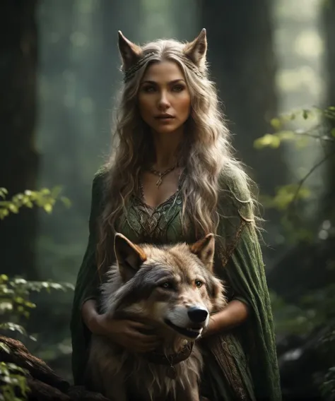 (Beautiful druid elf girl sitting on logl:1.3) hugging a big wolf (extremely detailed CG unity 8k wallpaper,masterpiece, best quality, ultra-detailed, beautiful detailed eyes:1.2),best illumination, (best shadow, an extremely delicate and beautiful, bloom), masterpiece, best quality:1.1, realistic:1.3, cinematic lighting:1.2, in the dark cavern:1.5, ultra photoreal, photorealistic:1.0, sharp focus:1.1, depth of field:1.1, 50mm, style of Nathan Wirth, Hasselblad X1D II, Porta 160 <lora:RPGWolfXL:0.6> <lora:RPGElfXL:0.65>