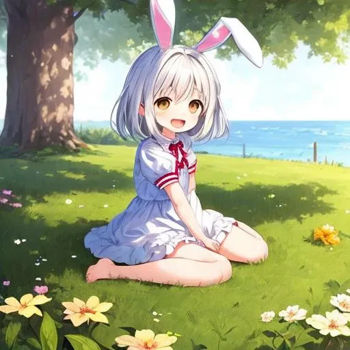 (masterpiece,best quality:1.5), 1girl, solo, solo focus, (animal ears, rabbit ears), barefoot, knees up, dress, sitting, short sleeves, looking at viewer, grass, short hair, smile, white hair, puffy sleeves, outdoors, puffy short sleeves, bangs, on ground, full body, animal, sunlight, brown eyes, dappled sunlight, day, depth of field, open mouth, (flower, hair flower), w, wariza, white dress,