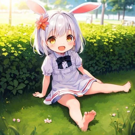 (masterpiece,best quality:1.5), 1girl, solo, solo focus, (animal ears, rabbit ears), barefoot, knees up, dress, sitting, short sleeves, looking at viewer, grass, short hair, smile, white hair, puffy sleeves, outdoors, puffy short sleeves, bangs, on ground, full body, animal, sunlight, brown eyes, dappled sunlight, day, depth of field, open mouth, (flower, hair flower), w, wariza, white dress,