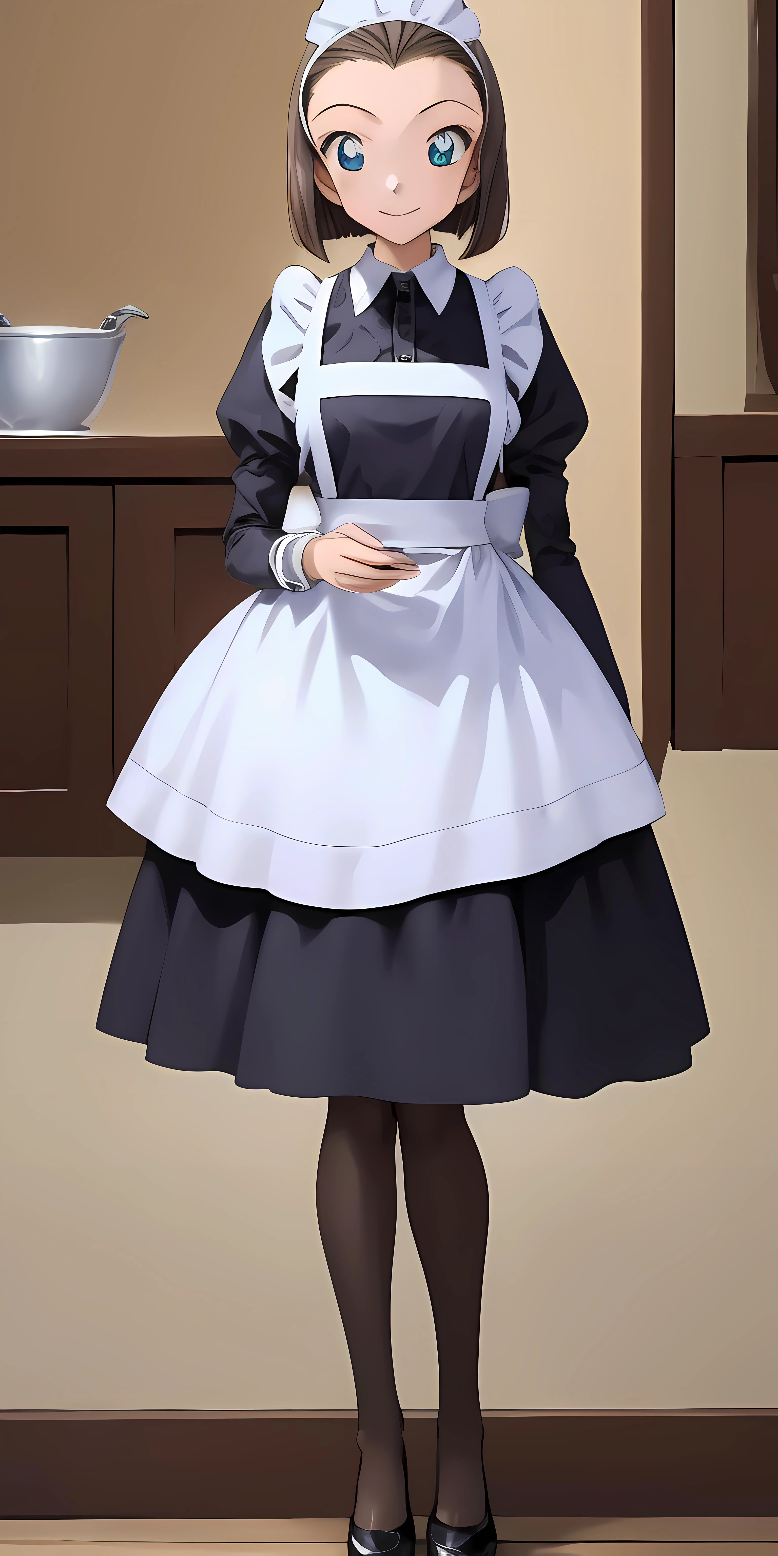 masterpiece, best quality, high resolution, high detailed eye, sonoko, (distinct_image), ((1girl, solo)), blue eyes, screencap, brown hair, short hair, <lora:sonoko-22:1>, smile, hair band, <lyco:GoodHands-beta2:1>, full body, standing, , detailed background, pretty eyes, forehead, symmetrical eyes, <lora:TraditionalMaid:0.7>, maid dress, maid
