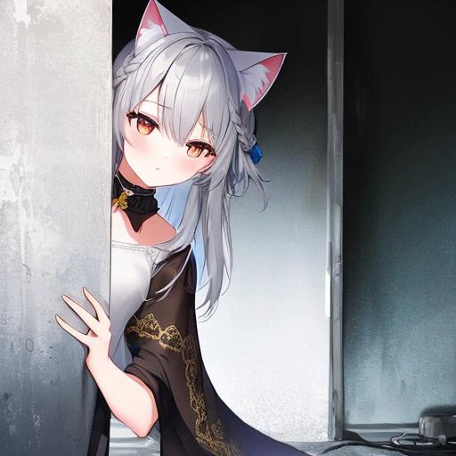 in forest,,1girl,(gray short hair,long side hair,cat ears,correct position cat tail,dark_red_eyes,braid from side head to back head,color of the cat ears and cat tail in the color of the hair),(RAW image,HD,HQ,8k,masterpiece,cinematic light,lot of detail,beautiful character,sharp, hdr, artstation, dramatic, intricate details,full body), <lora:poseLORAPeekingOut_v10:2>,peeking out upper body,forest behind,upper body,