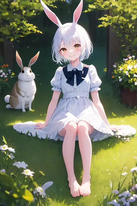 ((masterpiece,best quality)),1girl, solo, animal ears, rabbit, barefoot, knees up, dress, sitting, rabbit ears, short sleeves, looking at viewer, grass, short hair, smile, white hair, puffy sleeves, outdoors, puffy short sleeves, bangs, on ground, full body, animal, white dress, sunlight, brown eyes, dappled sunlight, day, depth of field