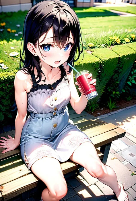 grainy, masterpiece,extremely detailed,
BREAK
girl, drinking soda, cute, sitting on bench, feet not touching ground, flower dress, [(from above:1.1)|(from side:1.1)], looking away, detailed eyes,
BREAK
park background,