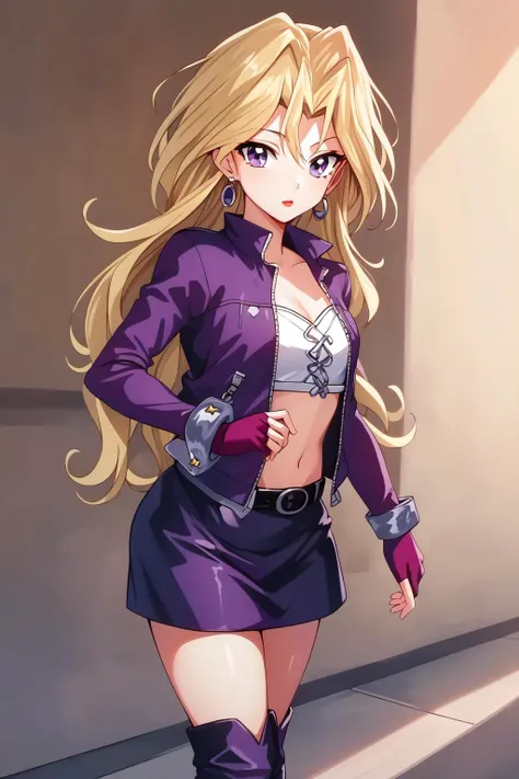 (masterpiece, best quality),  intricate details
 1girl,   <lora:mai valentineV1:0.8> mai valentine, long hair, blonde hair, jewelry, purple eyes, earrings, makeup, lipstick, red fingerless gloves, purple jacket, white bustier, purple skirt, black belt, black boots,