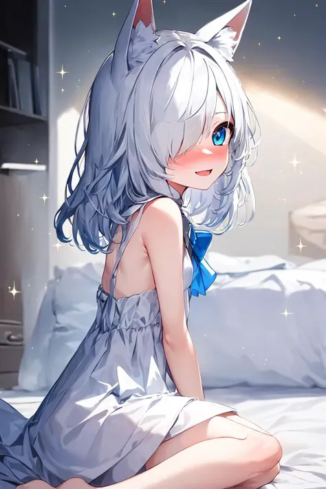 1girl, fox ears, blue eyes, white hair, hair over one eye, from side, pov, sitting, bed sheet, light, nose blush, light smile, white dress, blue bow, sparkle,