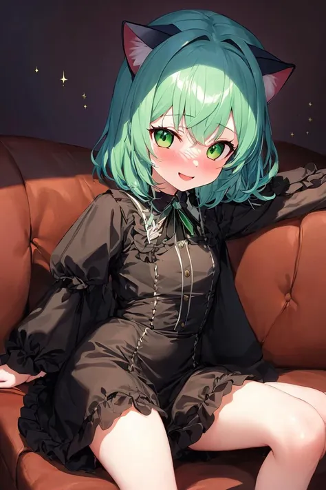 1girl, cat ears, green eyes, rainbow hair, pyema hariku, sitting, couch, light,gothic dress, nose blush, light smile,sparkle,