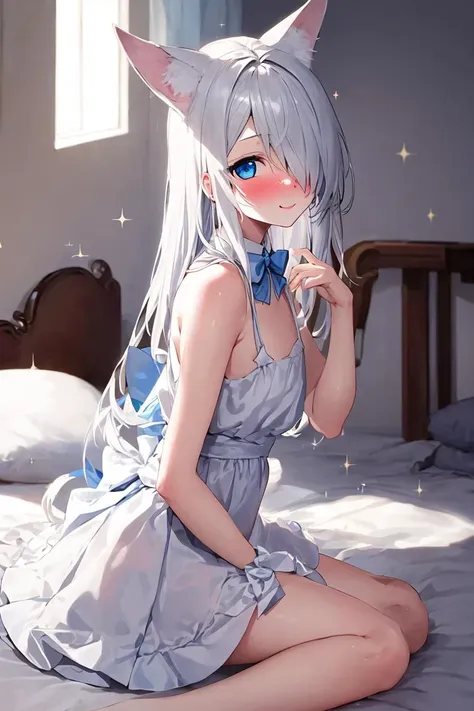 1girl, fox ears, blue eyes, white hair, hair over one eye, from side, pov, sitting, bed sheet, light, nose blush, light smile, white dress, blue bow, sparkle,