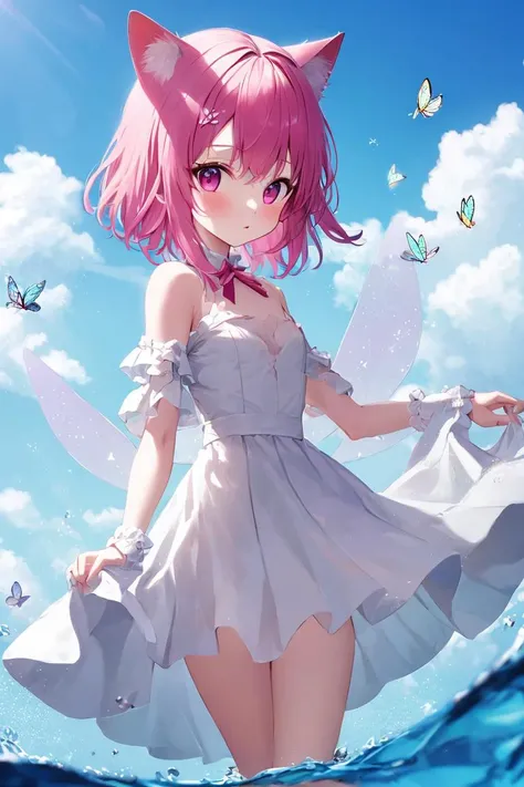 fairy wings, white dress, cat ears, fairy, pink hair, butterfly, sky, cloud, 1girl, looking at viewer, looking at viewer, simple background, water,
