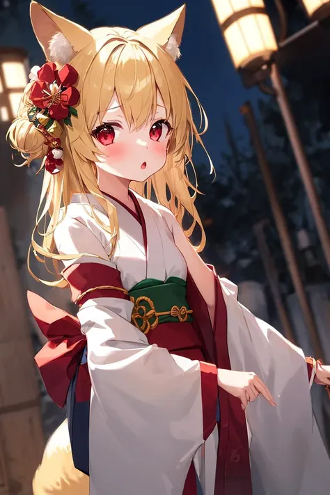 1girl, blonde hair, red eyes, fox ears, hair flower, japanese clothes, :o, looking at viewer, blush, hair ornament, outdoors,