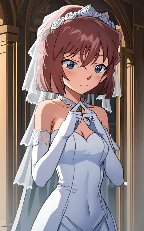 masterpiece, best quality, detailed eyes, haibaratv, solo, anime screencap,brown hair,short hair, <lora:haibaratv:0.8>, index fingers together <lora:concept_indexfingerstogether-10:1>, embarrassed, nerveous, upper body, brown hair, bridal veil, bride, depth of field, dress, embarrassed, elbow gloves, closed mouth, garter straps, gloves, halter dress, halterneck, jewelry, looking at another, embarrassed, pelvic curtain, ring, standing, strapless, strapless dress, thighhighs, veil, wedding, wedding dress, wedding ring, white dress,white gloves, white legwear, potrait,