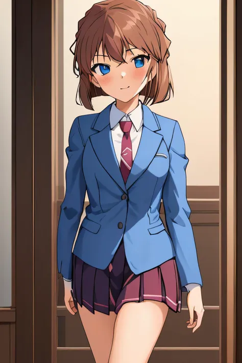 best quality, masterpiece, haibaratv,1girl, potrait <lora:haibaratv:0.8>, brown hair, alternate costume, blazer, blue nectie, coat, collared shirt, jacket, long sleeves, looking at viewer, necktie, open clothe pleated skirt, school uniform, sideloocks, white coat