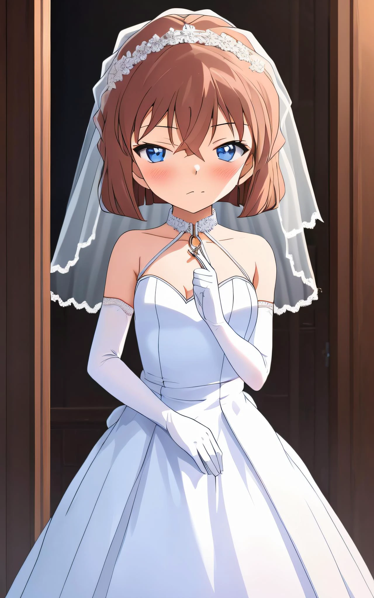 best quality, masterpiece, haibaratv,1girl, potrait <lora:haibaratv:0.8>, 1girl, blurry, brown hair, bridal veil, bride, depth of field, dress, embarrassed, elbow gloves, closed mouth, garter straps, gloves, halter dress, halterneck, jewelry, looking at viewer, pelvic curtain, ring, standing, strapless, strapless dress, thighhighs, veil, wedding, wedding dress, wedding ring, white dress,white gloves, white legwear, potrait, upper body,