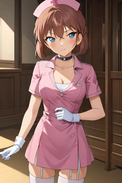 best quality, masterpiece, haibaratv,1girl, solo, anime screencap,brown hair, <lora:haibaratv:0.8>, 1girl, alternate costume, indoors, choker, cleavage cover, dress, garter straps, gloves, hat,looking at viewer, nurse, nurse cap, pendant choker, pink dress, short dress, skindentation, solo, thighhighs, uniform, white choker, white gloves,upper body,