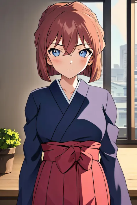 best quality, masterpiece, haibaratv,1girl, potrait <lora:haibaratv:0.8>, brown hair, 1girl, alternate costume, bob cut, hair bow, hakama skirt, indoors, kimono, looking at viewer, solo, upper body, indoors, night, breasts