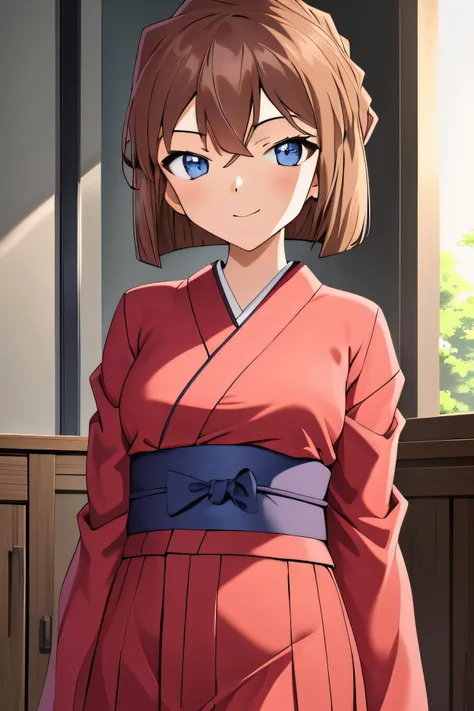 best quality, masterpiece, haibaratv,1girl, potrait <lora:haibaratv:0.8>, brown hair, 1girl, alternate costume, bob cut, hair bow, hakama skirt, indoors, kimono, looking at viewer, solo, upper body,