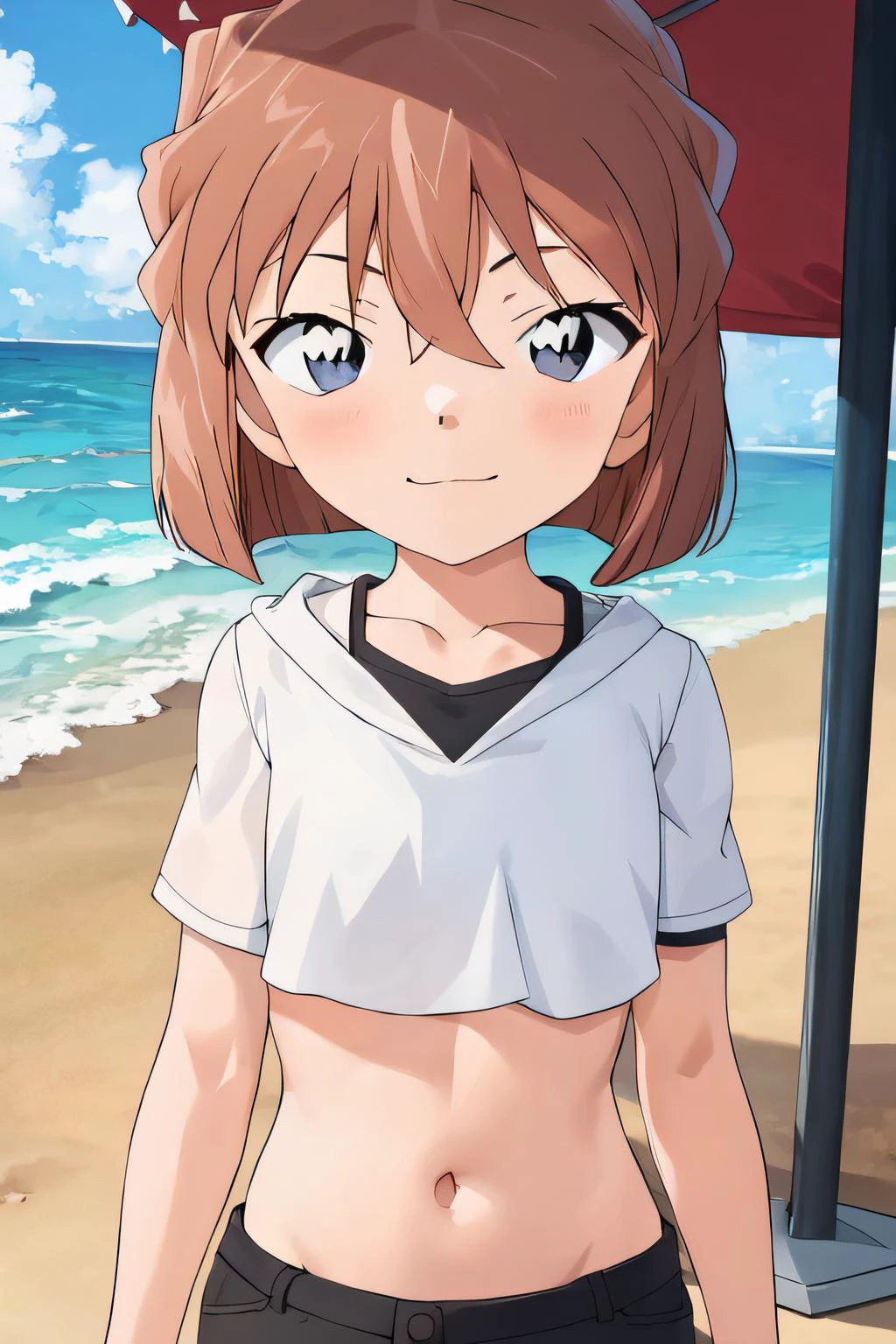 best quality, masterpiece, haibaratv,1girl, potrait <lora:haibaratv:0.8>, brown hair, brown eyes, black chooker crop top, crop top overhang, looking at viewer, navel, outdoors, beach, short shorts, solo, upper body,