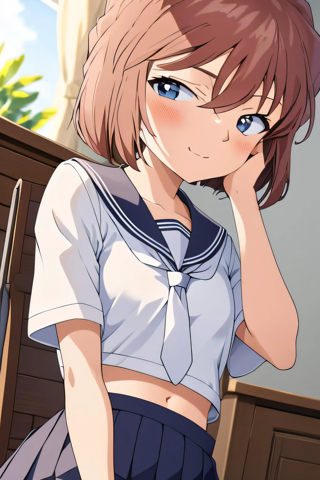 best quality, masterpiece, haibaratv,1girl, <lora:haibaratv:0.8>, brown hair, 1girl, breasts, crop top, grey sailor collar, grey skirt, looking at viewers, necktie, indoors, pleated skirt, ribbon, sailor collar, school uniform, serafuku, short sleeves, small breasts, solo, white ribbon, against wall, sitting on a chair, table, hand on own face, upper body,