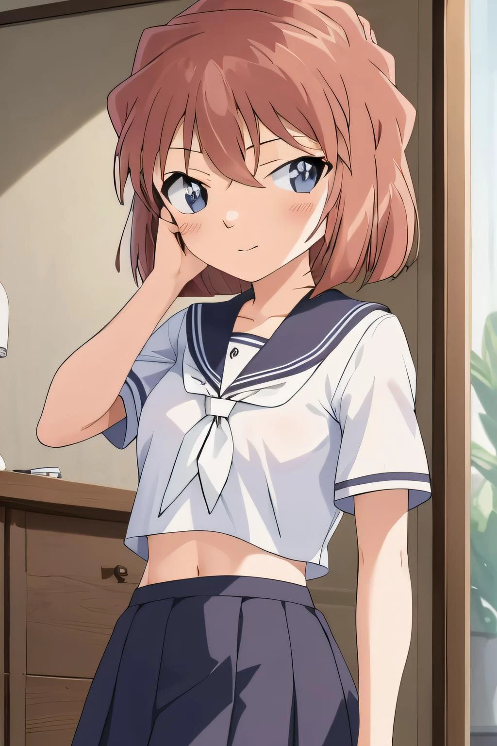 best quality, masterpiece, haibaratv,1girl, <lora:haibaratv:0.8>, brown hair, 1girl, breasts, crop top, grey sailor collar, grey skirt, looking at viewers, necktie, indoors, pleated skirt, ribbon, sailor collar, school uniform, serafuku, short sleeves, small breasts, solo, white ribbon, against wall, standing, hand on own face, upper body,