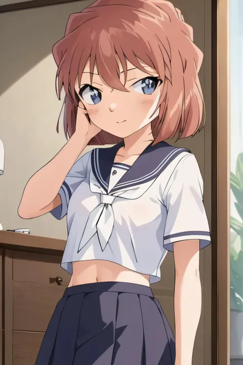 best quality, masterpiece, haibaratv,1girl, <lora:haibaratv:0.8>, brown hair, 1girl, breasts, crop top, grey sailor collar, grey skirt,  looking at viewers, necktie, indoors, pleated skirt, ribbon, sailor collar, school uniform, serafuku, short sleeves, small breasts, solo, white ribbon, against wall, standing, hand on own face, upper body,