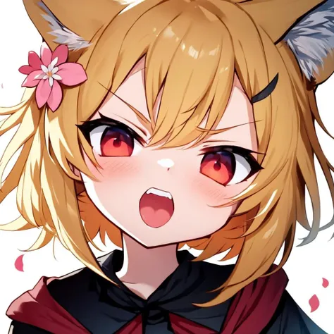 icon, blonde hair, red eyes, fox ears, simple background, white background, hair flower, looking at viewer, upper body, cherry blossoms, open mouth, angry, face-to-face, pov