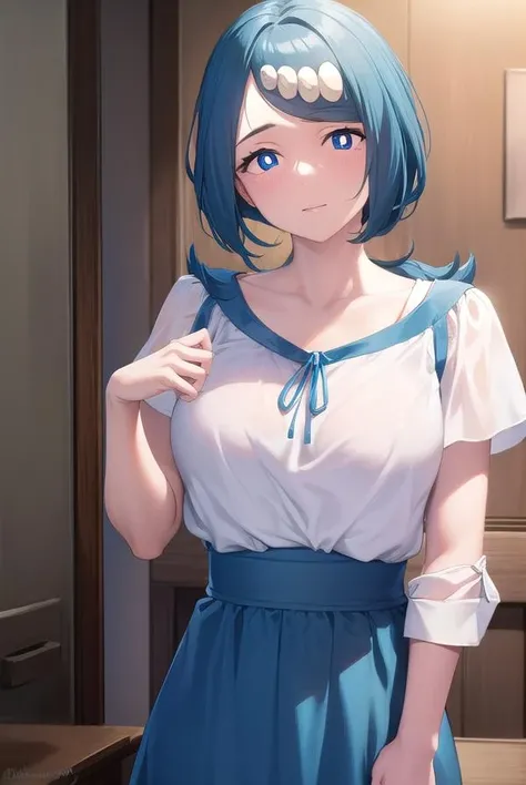 pokemonmotherlana, <lora:pokemonmotherlana-lora-nochekaiser:1>,
pokemonmotherlana, blue eyes, blue hair, freckles, hair ornament, long hair, swept bangs, (bright pupils:1.5),
BREAK blouse, blue skirt, bracelet, collarbone, dress, jewelry, long skirt, shirt, short sleeves, skirt, white shirt,
BREAK looking at viewer, full body, (cowboy shot:1.5),
BREAK indoors,
BREAK <lyco:GoodHands-beta2:1>, (masterpiece:1.2), best quality, high resolution, unity 8k wallpaper, (illustration:0.8), (beautiful detailed eyes:1.6), extremely detailed face, perfect lighting, extremely detailed CG, (perfect hands, perfect anatomy),
