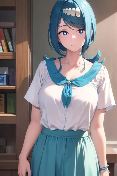 pokemonmotherlana, <lyco:pokemonmotherlana-lyco-nochekaiser:1>,
pokemonmotherlana, blue eyes, blue hair, freckles, hair ornament, long hair, swept bangs, (bright pupils:1.5),
BREAK blouse, blue skirt, bracelet, collarbone, dress, jewelry, long skirt, shirt, short sleeves, skirt, white shirt,
BREAK looking at viewer, full body, (cowboy shot:1.5),
BREAK indoors,
BREAK <lyco:GoodHands-beta2:1>, (masterpiece:1.2), best quality, high resolution, unity 8k wallpaper, (illustration:0.8), (beautiful detailed eyes:1.6), extremely detailed face, perfect lighting, extremely detailed CG, (perfect hands, perfect anatomy),
