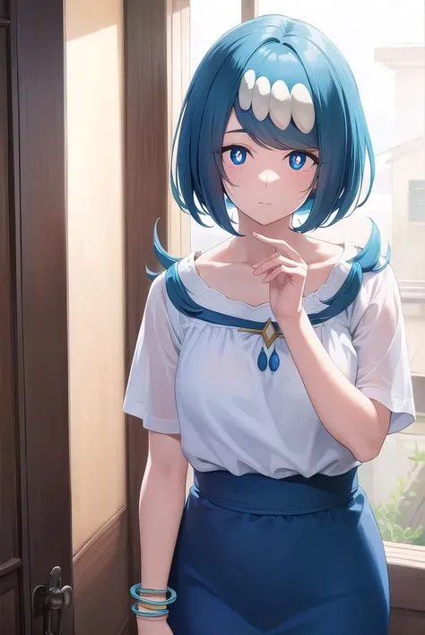 pokemonmotherlana, <lora:pokemonmotherlana-lora-nochekaiser:1>,
pokemonmotherlana, blue eyes, blue hair, freckles, hair ornament, long hair, swept bangs, (bright pupils:1.5),
BREAK blouse, blue skirt, bracelet, collarbone, dress, jewelry, long skirt, shirt, short sleeves, skirt, white shirt,
BREAK looking at viewer, full body, (cowboy shot:1.5),
BREAK indoors,
BREAK <lyco:GoodHands-beta2:1>, (masterpiece:1.2), best quality, high resolution, unity 8k wallpaper, (illustration:0.8), (beautiful detailed eyes:1.6), extremely detailed face, perfect lighting, extremely detailed CG, (perfect hands, perfect anatomy),