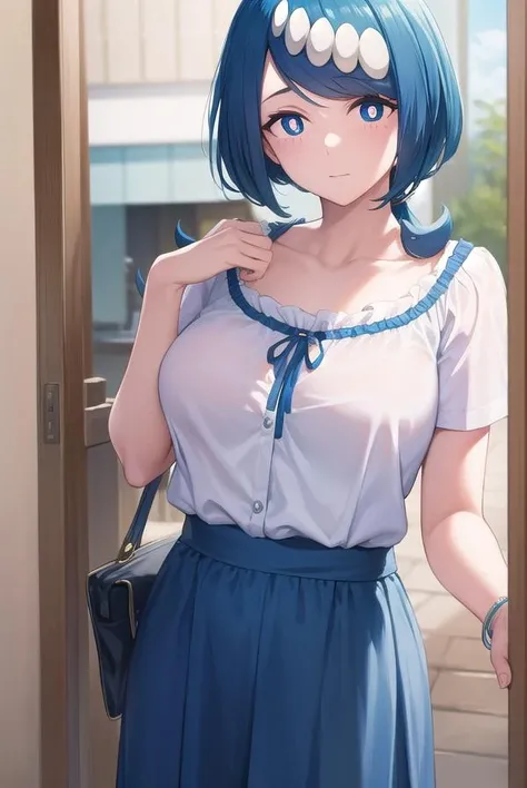 pokemonmotherlana, <lora:pokemonmotherlana-lora-nochekaiser:1>,
pokemonmotherlana, blue eyes, blue hair, freckles, hair ornament, long hair, swept bangs, (bright pupils:1.5),
BREAK blouse, blue skirt, bracelet, collarbone, dress, jewelry, long skirt, shirt, short sleeves, skirt, white shirt,
BREAK looking at viewer, full body, (cowboy shot:1.5),
BREAK indoors,
BREAK <lyco:GoodHands-beta2:1>, (masterpiece:1.2), best quality, high resolution, unity 8k wallpaper, (illustration:0.8), (beautiful detailed eyes:1.6), extremely detailed face, perfect lighting, extremely detailed CG, (perfect hands, perfect anatomy),