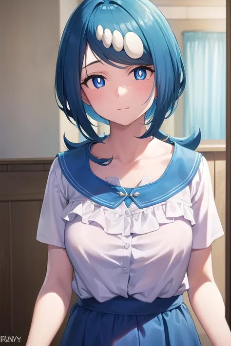 pokemonmotherlana, <lora:pokemonmotherlana-lora-nochekaiser:1>,
pokemonmotherlana, blue eyes, blue hair, freckles, hair ornament, long hair, swept bangs, (bright pupils:1.5),
BREAK blouse, blue skirt, bracelet, collarbone, dress, jewelry, long skirt, shirt, short sleeves, skirt, white shirt,
BREAK looking at viewer, full body, (cowboy shot:1.5),
BREAK indoors,
BREAK <lyco:GoodHands-beta2:1>, (masterpiece:1.2), best quality, high resolution, unity 8k wallpaper, (illustration:0.8), (beautiful detailed eyes:1.6), extremely detailed face, perfect lighting, extremely detailed CG, (perfect hands, perfect anatomy),